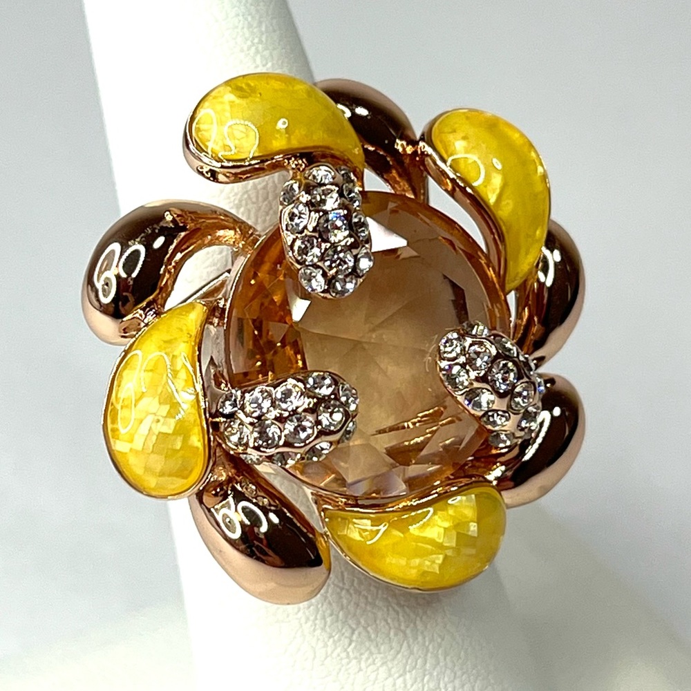 New Camille Lucie Champagne, Enamel & Cubic Zirconia Cocktail Ring in Rose Gold